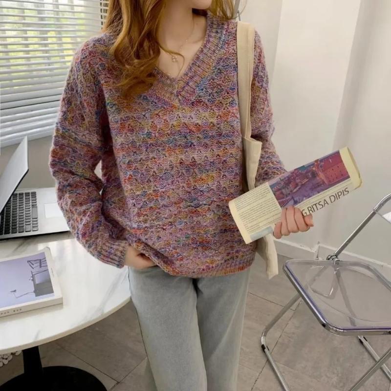 

Свитер Пуловер Женщины Новая Осень и Зима Трикотаж V-образный вырез Мода Ретро Свободный Воздушный Свитер с длинным рукавом Пуловер Свитер Женский