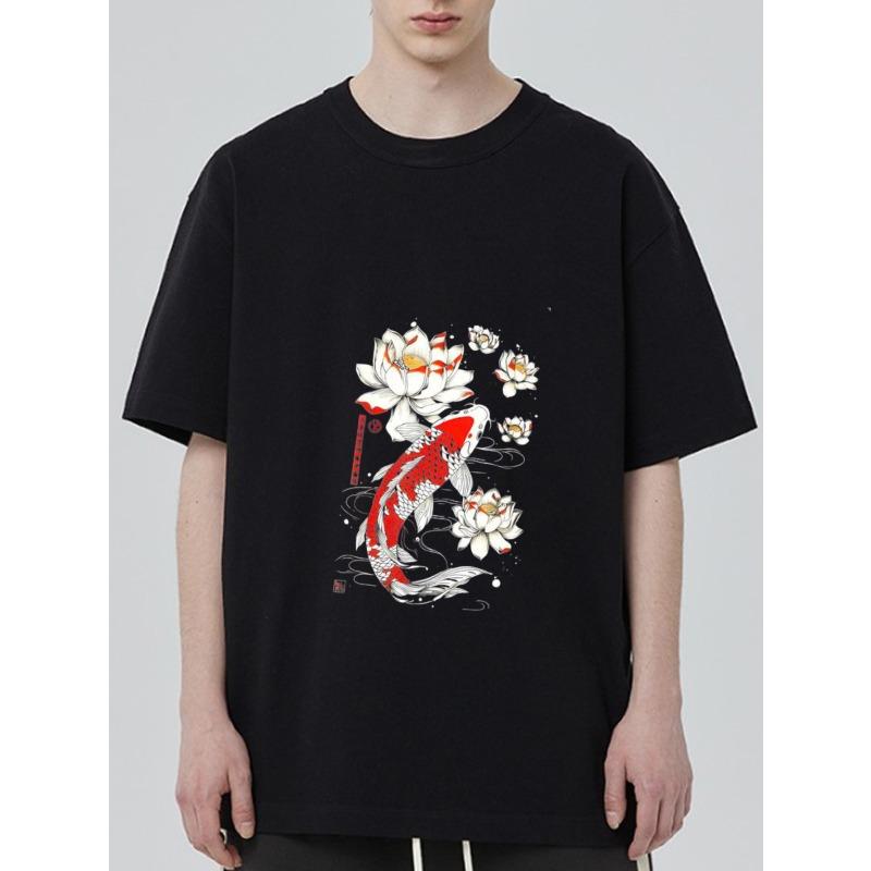 

Crewneck T Shirt Black Koi Fish and Lotus Flower Print for Casual Wear XXXXL чёрный