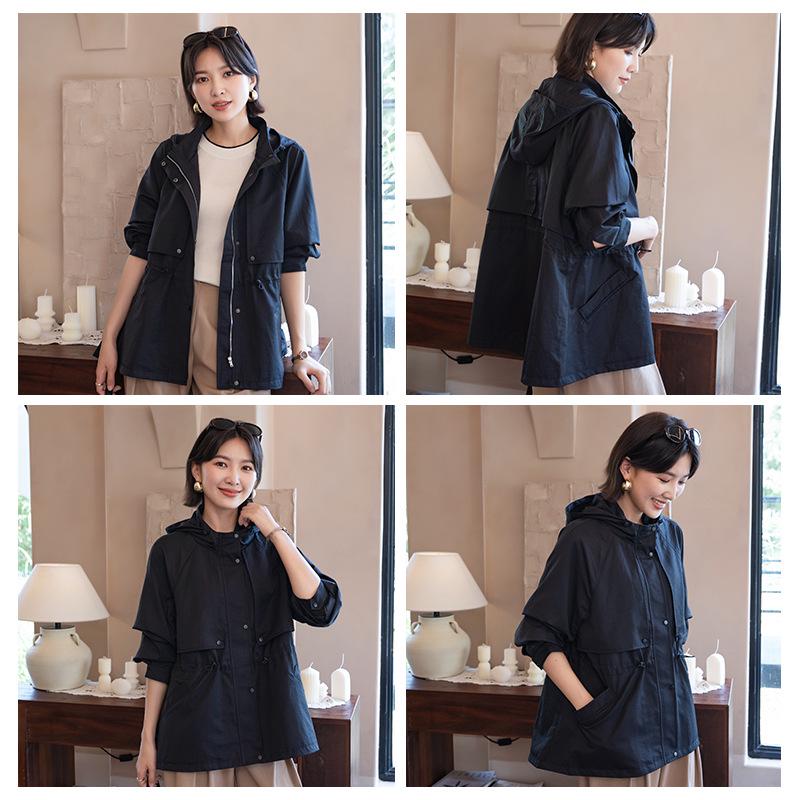 YUN Hooded Mid-Length Casual Trench Coat - Solid Color, Zipper, Loose Fit, Lightweight