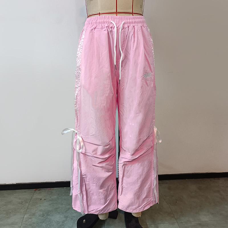 Spring and Summer Striped Splicing Lacing Solid Colour High Waist Commuter Casual Slim Women's Pants