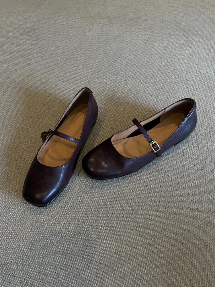 Blue Cabinet~ Korean-style Daughter Gold Retro Style Round Head One-word Buckle Red Ballet Mary Jane Shoes Commuter Flat Shoes