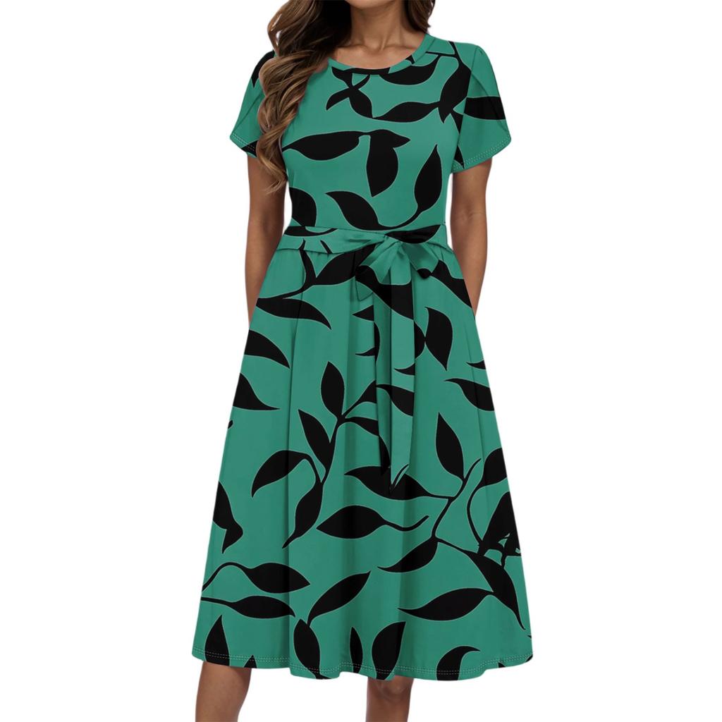 Women's Summer Fashion Round Neck Casual Plant Floral Print Short Sleeve Dress