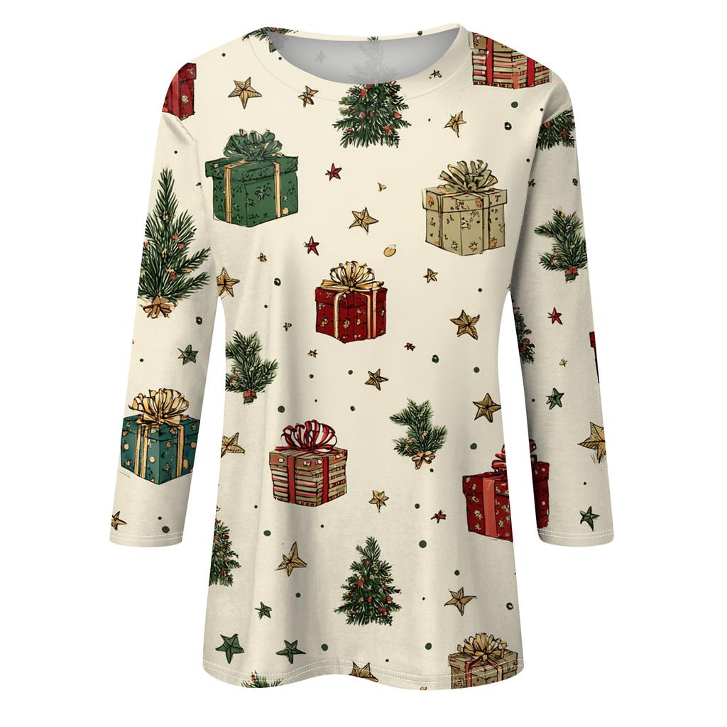 Dammode Casual Rund Halsad Trekvartsärm Jultryck T-shirt Topp