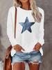 Women's Spring and Autumn 100% Pure Polyester Loose Casual Fashion Pentagram Tassel Printed Round Neck Long Sleeved T-shirt Top