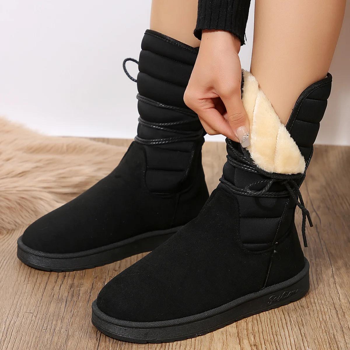

Large Size Mid-calf Snow Boots Female 2025 Winter New Warm Ladies Cotton Platform Boots Lace-up Fur Water Proof Shoes for Women 43 чёрный