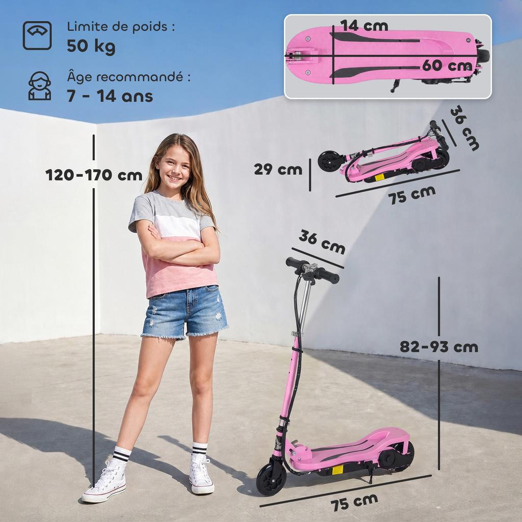 Electric Scooter for Children 7+, Folding, 120 W, Max Speed 12 Km/h, 75 X 36 X 82-93 Cm, Pink