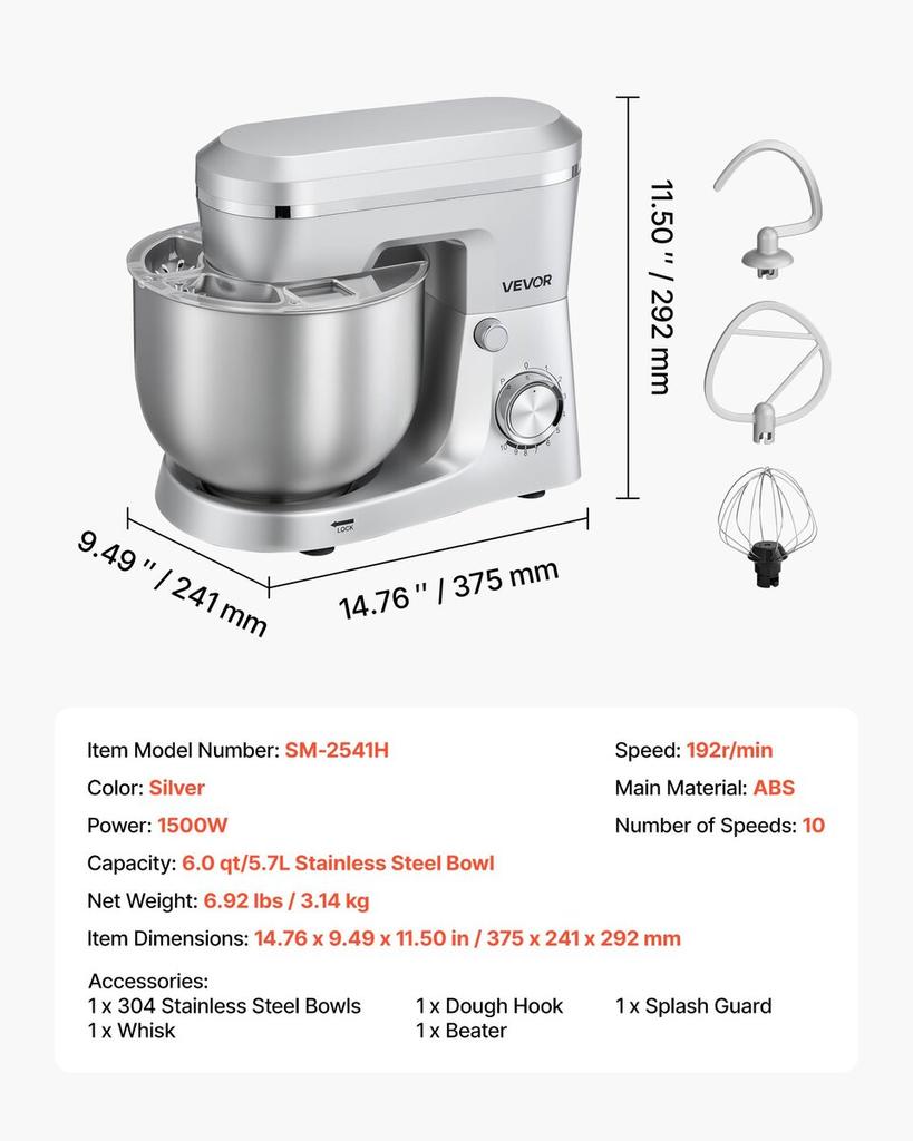 Stand Mixer, 5.7 L Electric Kitchen Mixer, 1500W Dough-Mixer, 10 Speeds Tilt-head Food-Mixer with Stainless Steel Bowl, Dough Hook, Whisk, Beater, for