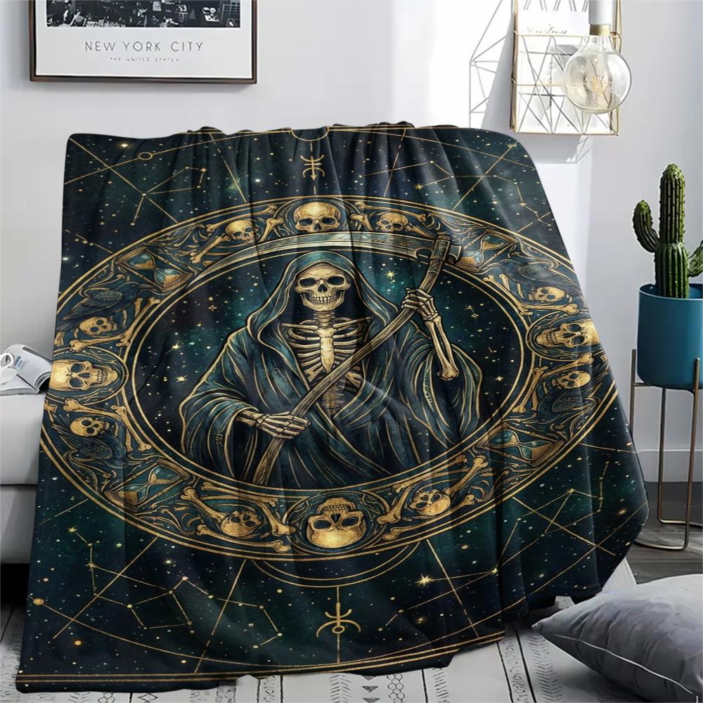 1Pc Death Print Flannel Blanket, High quality Comfortable for All Seasons, Home Decor, Warmth and Comfort, Perfect for Christmas Gifts W155