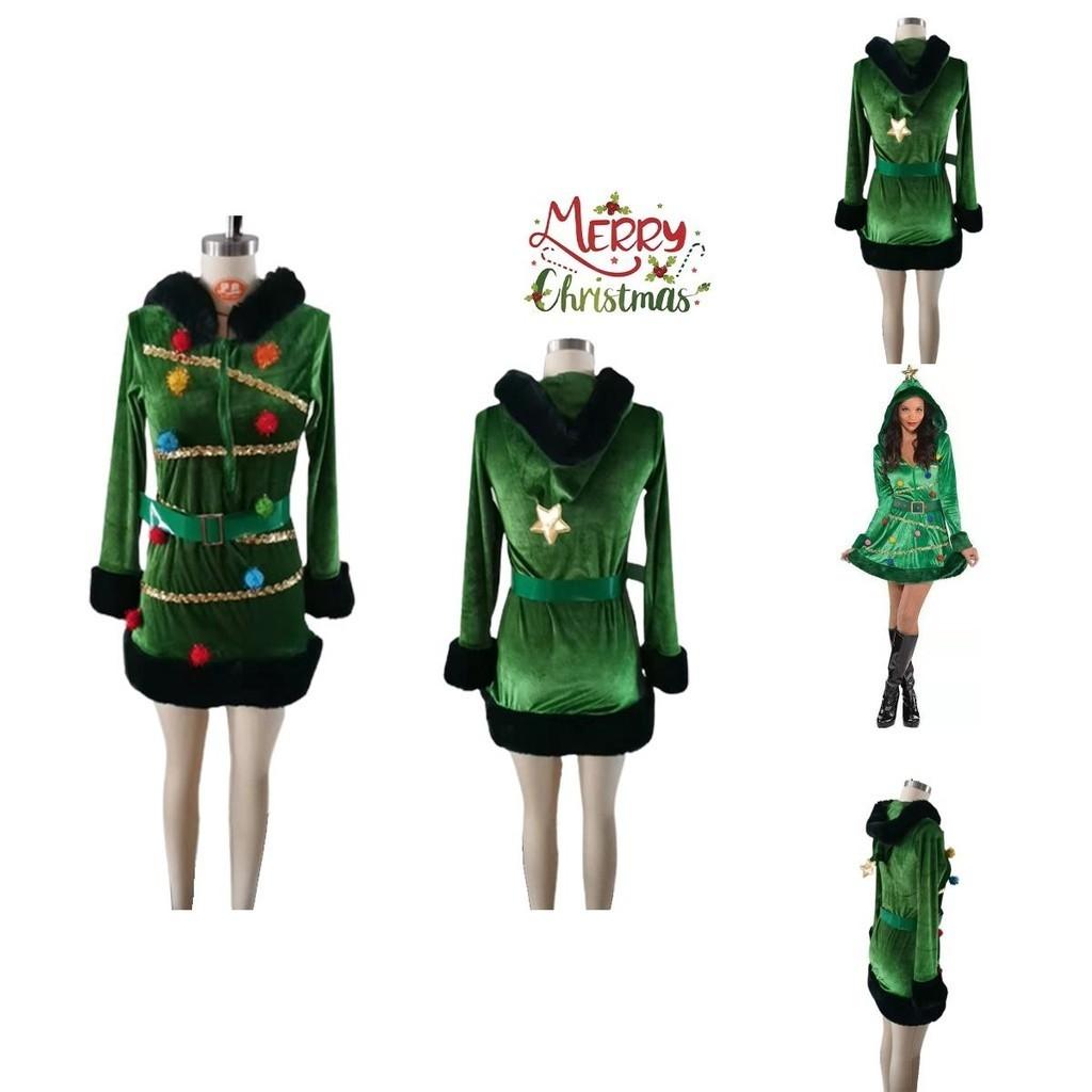 Precioso Vestido de Árbol de Navidad para Mujer Manga Larga Sombrero Cinturón Conjunto Regalo de Navidad