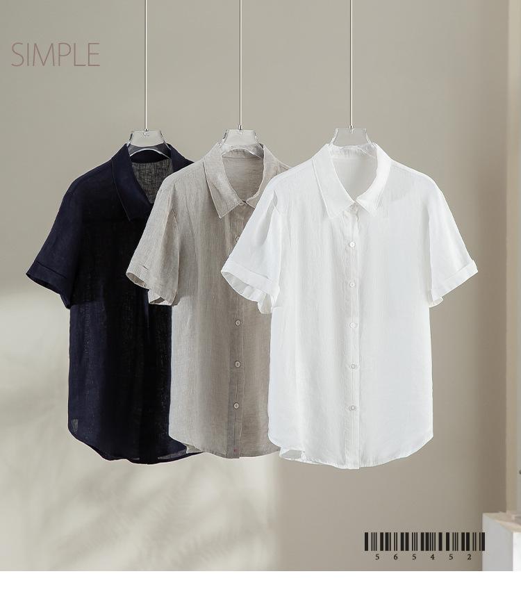 1116 Summer New 111% Linen Lapel Short Sleeve Loose Shirt Skinny Versatile Simple Korean Top Women's Clothing