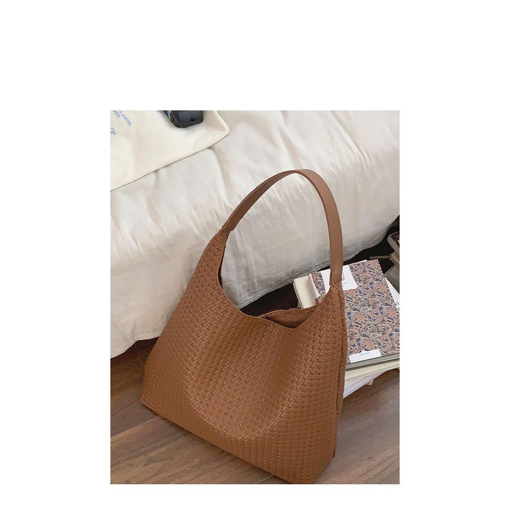 Ielgy Retro Large-Capacity Underarm Commuter Bag Women Simple Woven Pattern Fashion One-Shoulder Tote Bag