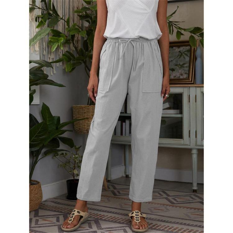 Women Casual Pants Autumn Solid Color Loose Cotton Linen Elastic Waist Big Pockets