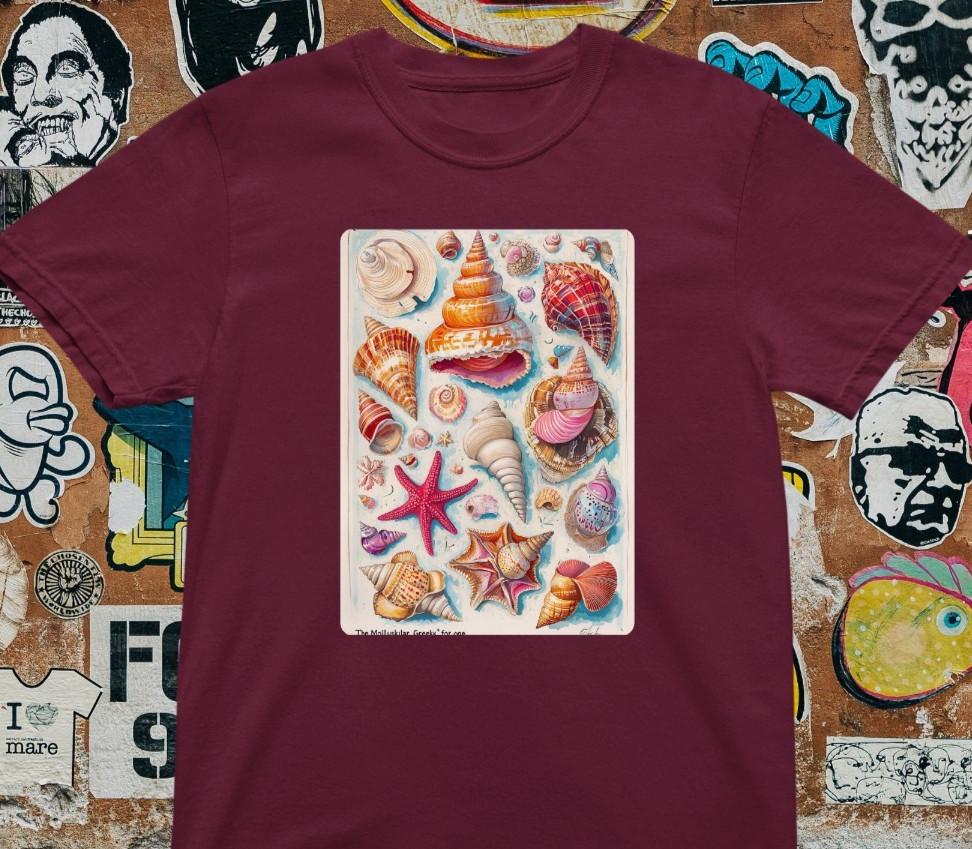 Sea Shells T-Shirt – Vintage Ocean Illustration Tee Colorful Seashells Starfish S