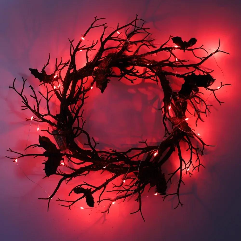 2025 New 45cm Halloween Wreath Bat Black Branch Wreaths With Red LED Light Wreaths For Doors Window Flower Garland Halloween Dec