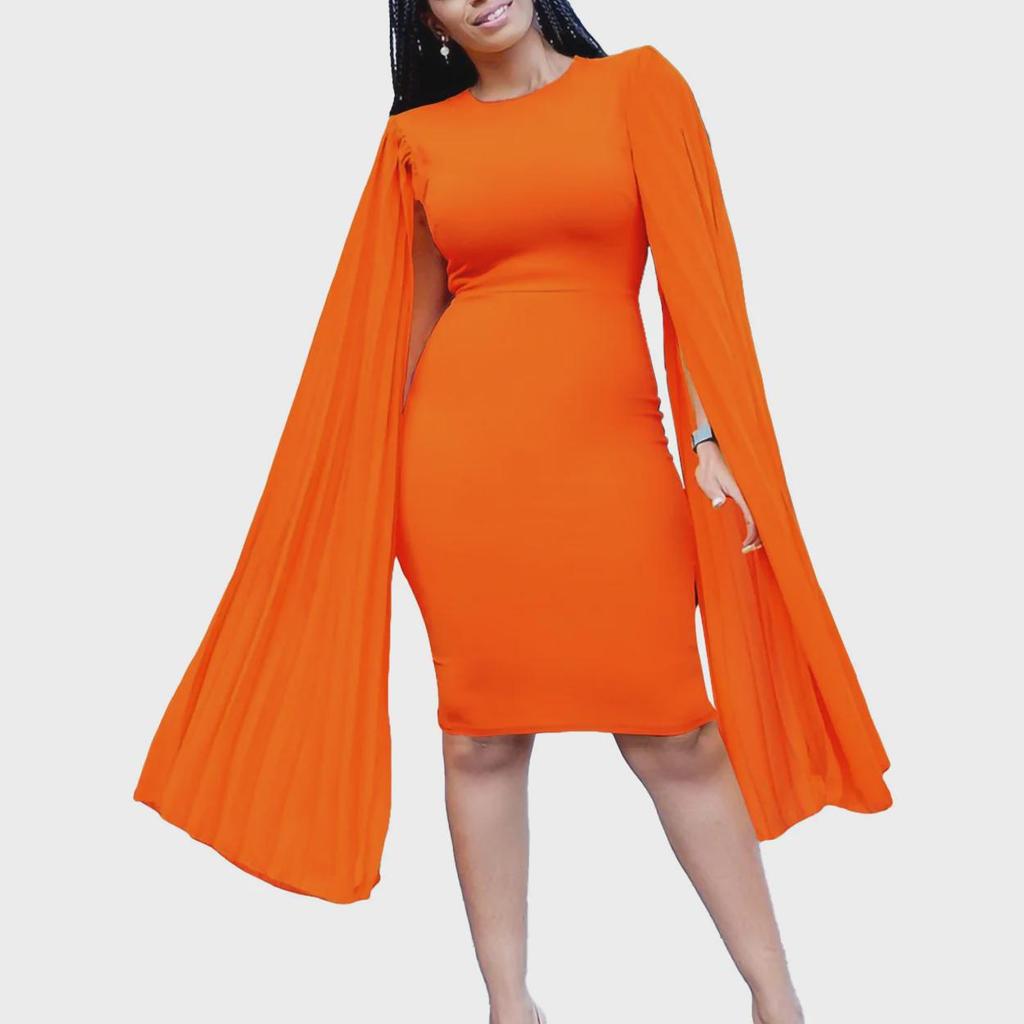 Elegant African OL Long Sleeve Pleated Dress