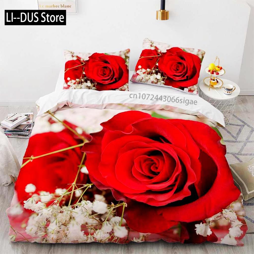Flower Duvet Cover Set Microfiber Red Rose Bedding Set King Size Floral Print For Valentine's Day Mother's Day Soft Quilt Cover