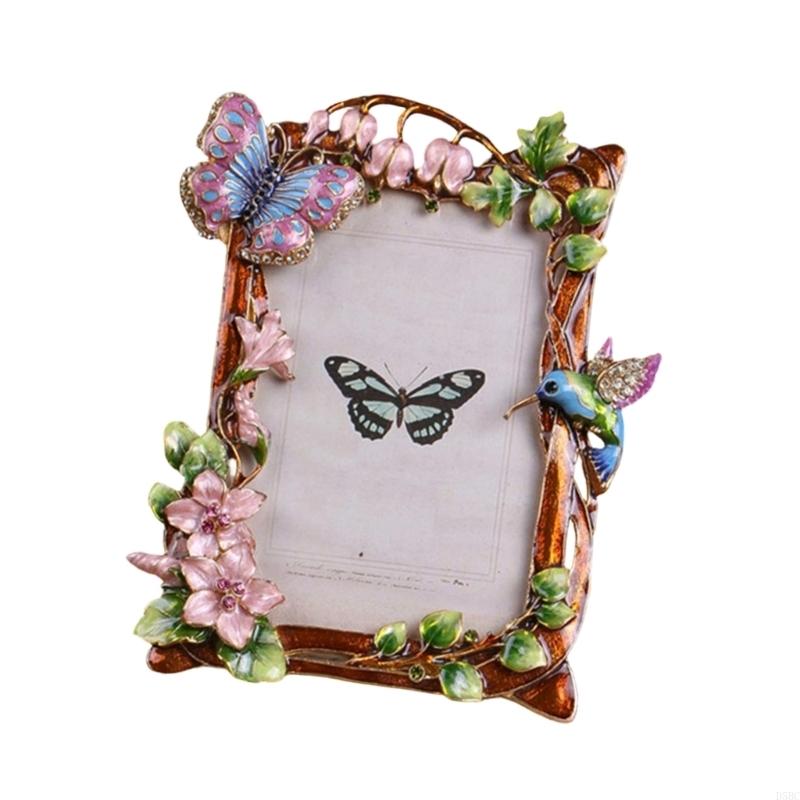 Antique Enamel Floral Bird Photo Frame With Rhinestones Accent Tabletop Decors