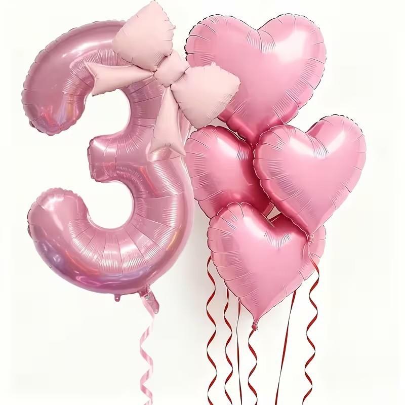 6/7Pcs Birthday Party Wedding Engagements Anniversaries Decor Pink Bow Heart Balloon With 32Inch Pink Number Foil Balloon