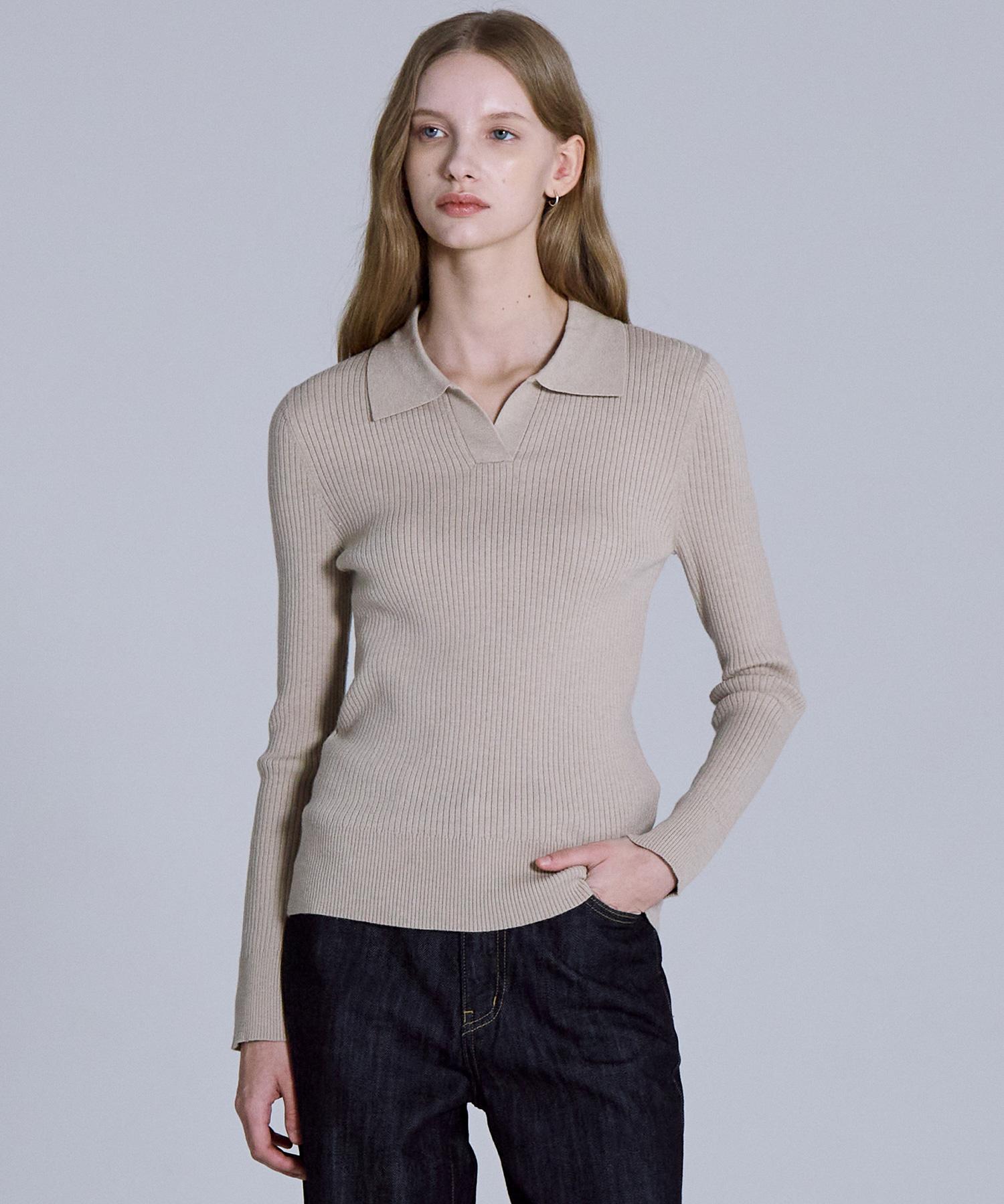 Basic House Women S Collared Long Sleeve Sweater Beige Lykt7203 Na/085