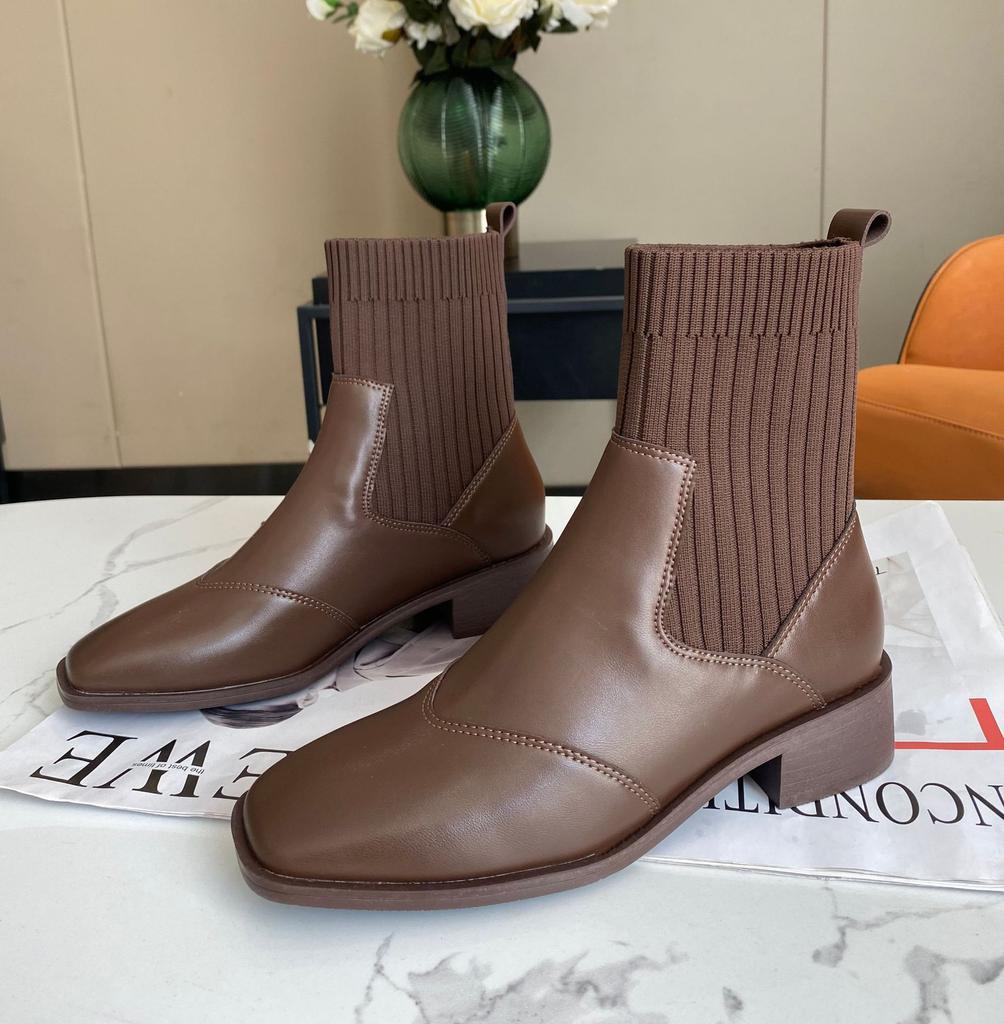 British style knitted stretch socks boots women's new thin boots with socks boots thick heel Martin boots short boots