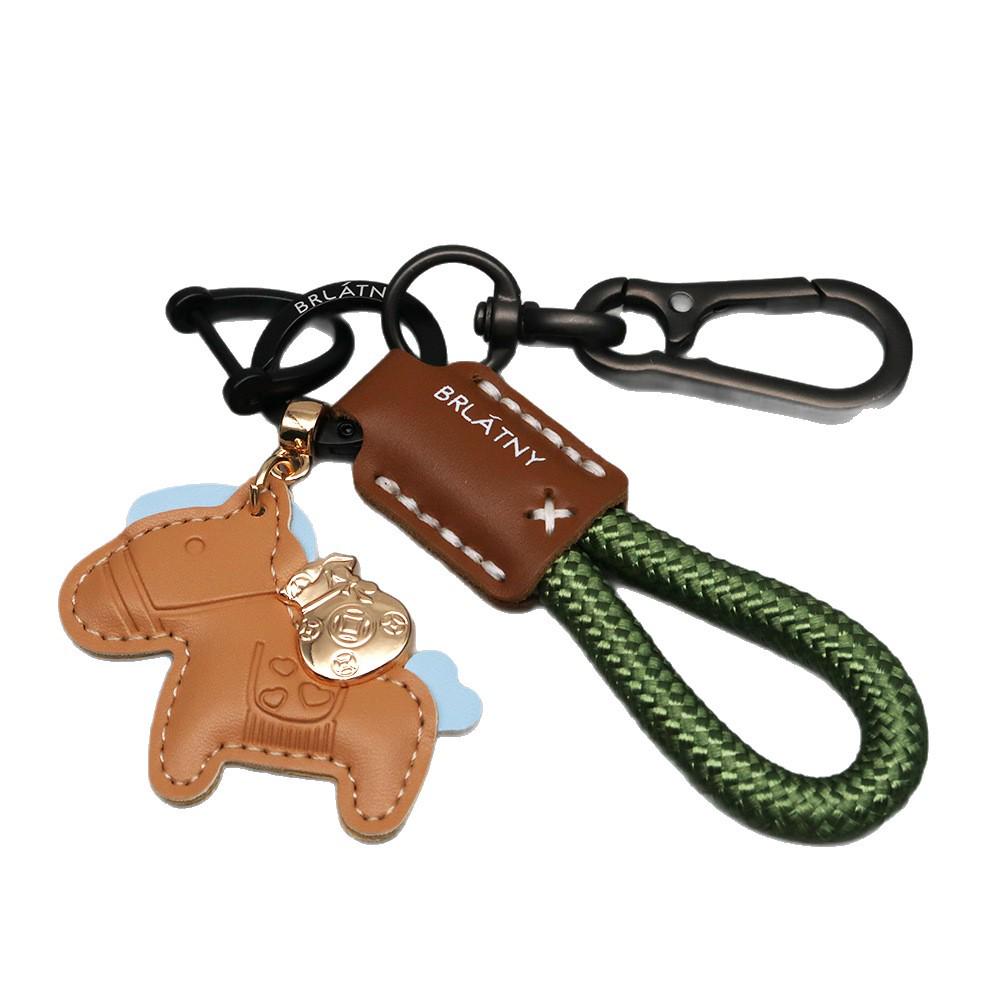 Handmade Genuine Leather Horse Keychain with Anti-Lost Lanyard and Woven Rope.