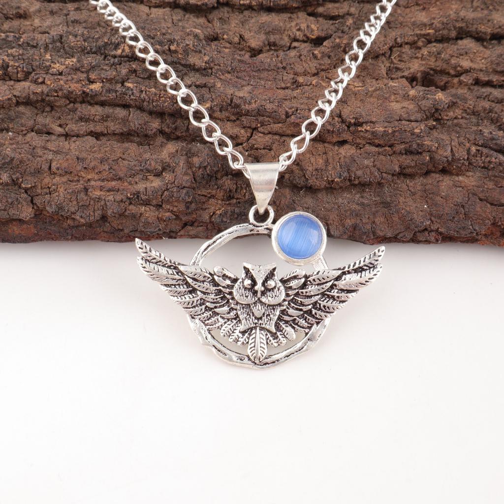 Dark Blue Cat's Eye Gemstone 925 Sterling Silver Handmade Stylish Pendant 1.48" CP-17-38
