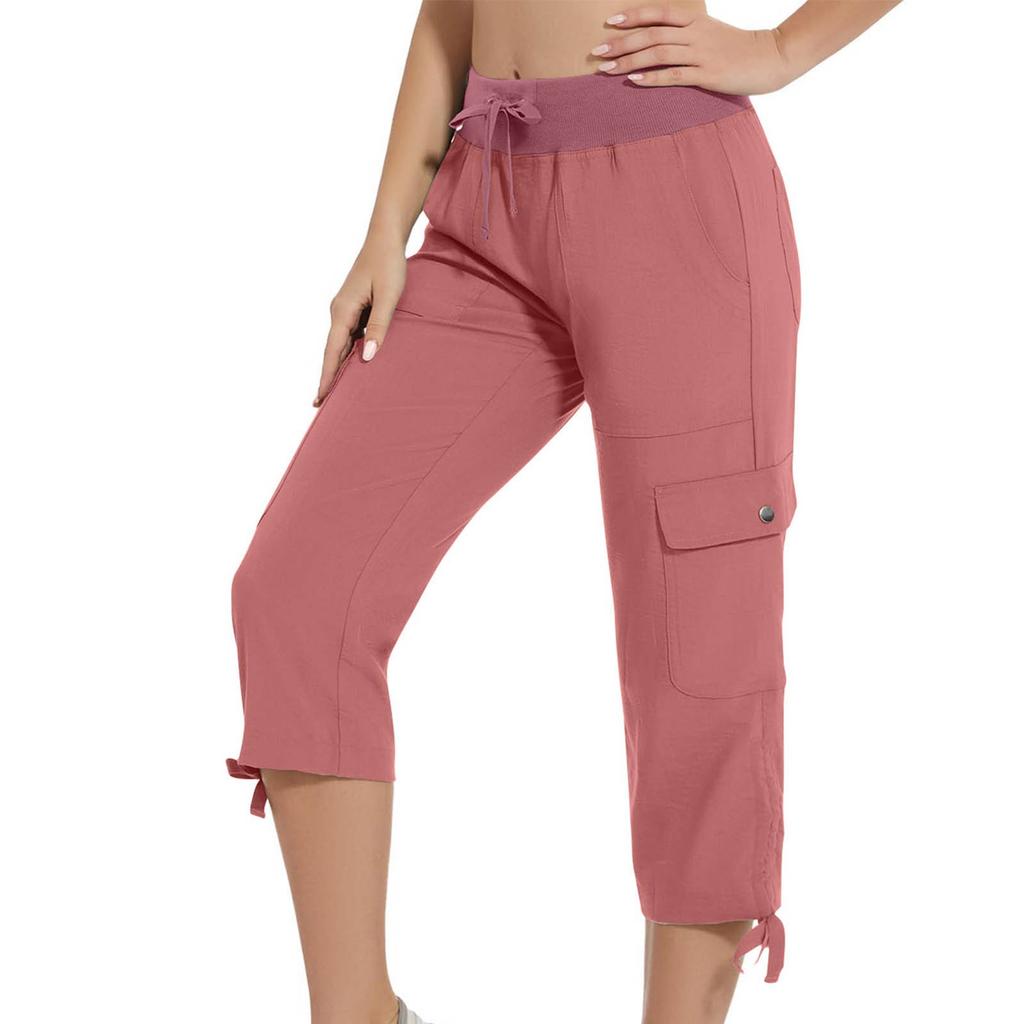 Damen Outdoor Capri-Hose mit Taschen Lockerer Schnitt Kordelzug Taille Reise Lässig Sieben-Achtel-Hose für den Alltag