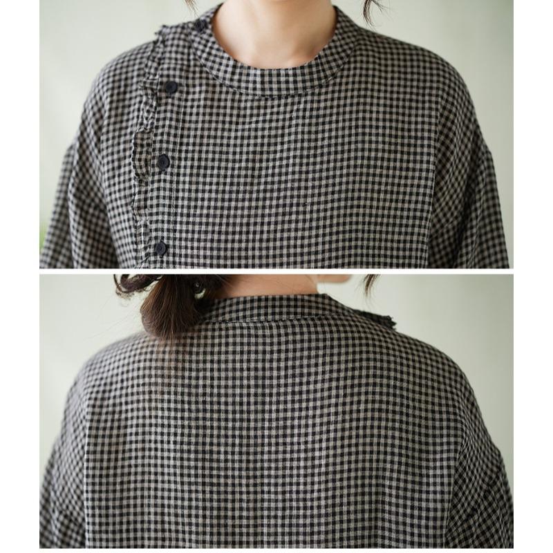 DIMANAF 2026 Plus Size Summer Women Blouse Shirts Tunic Oversize Loose Casual Lady Tops Vintage Lady Plaid Black