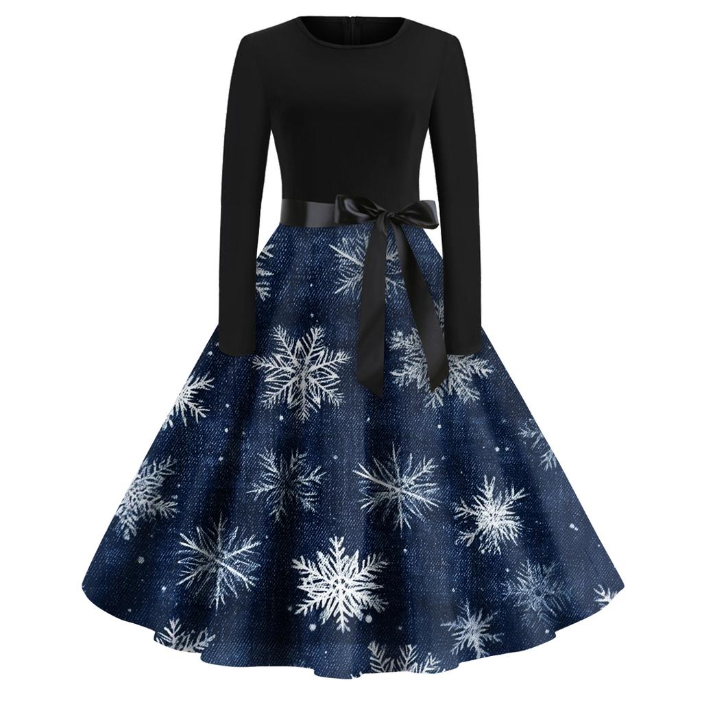 Christmas Print Flare Dress For Women Long Sleeve Dress Hollow Party Casual Dresses