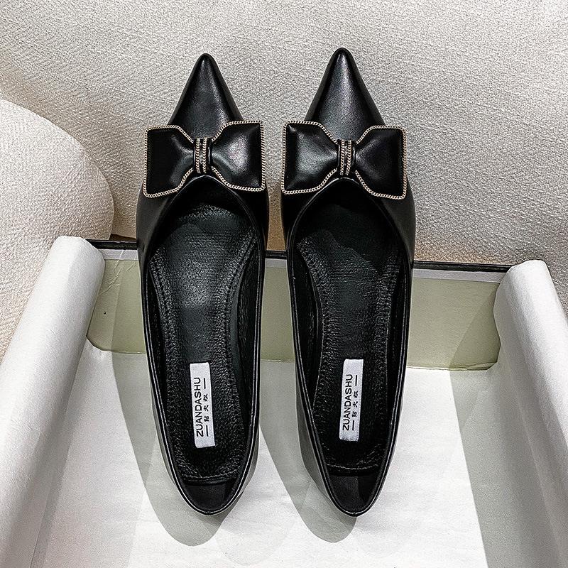 

Модные элегантные балетки с бантом женские офисные лоферы женские балетки 2025 острый носок мягкая подошва весенние одинарные туфли женские 4.5 чёрный
