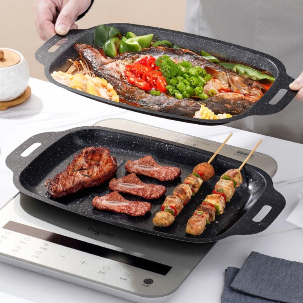 Portable Nonstick Grill Frying Pan Rectangular Large Capacity Grilled Fish Pan Deepened Double Handle Griddle Pan BBQ Stove