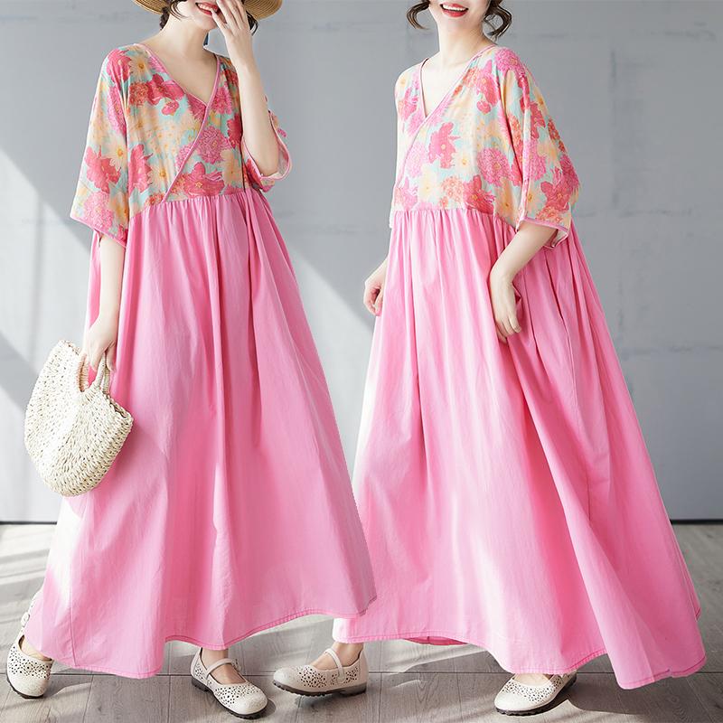 DIMANAF 2025 Women Plus Size Summer Dress Casual Vintage Dress Loose Long Printing Maxi Basic