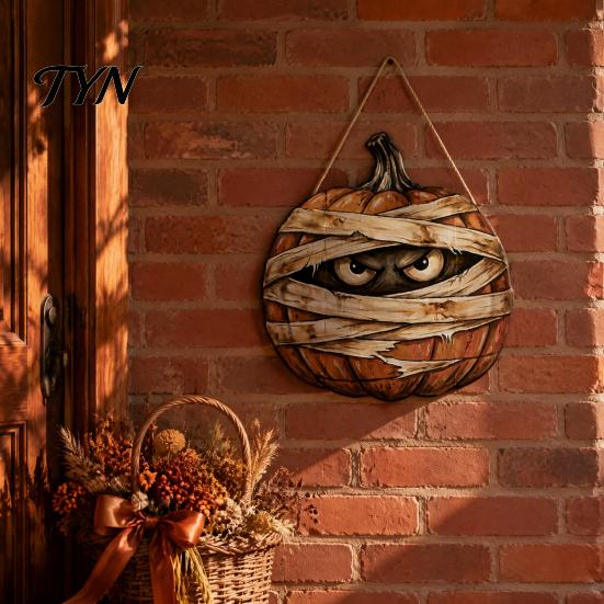 Autumn Theme Room Furnishings Halloween Mummy Pumpkin Hanging Sign, Retro Wooden Pendant with Ghost Wall Decor Hemp Rope for Front Door Entrance Party