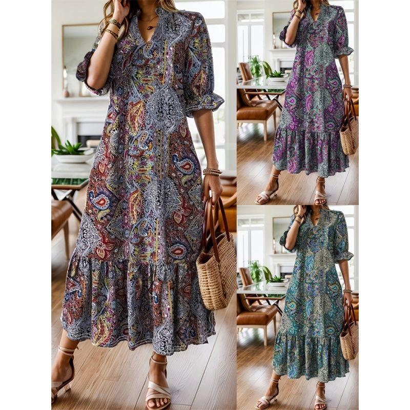 XL-5XL Women Dress Plus Ladies Skirt Spring/Summer Print V-neck Plus Size Dresses Women