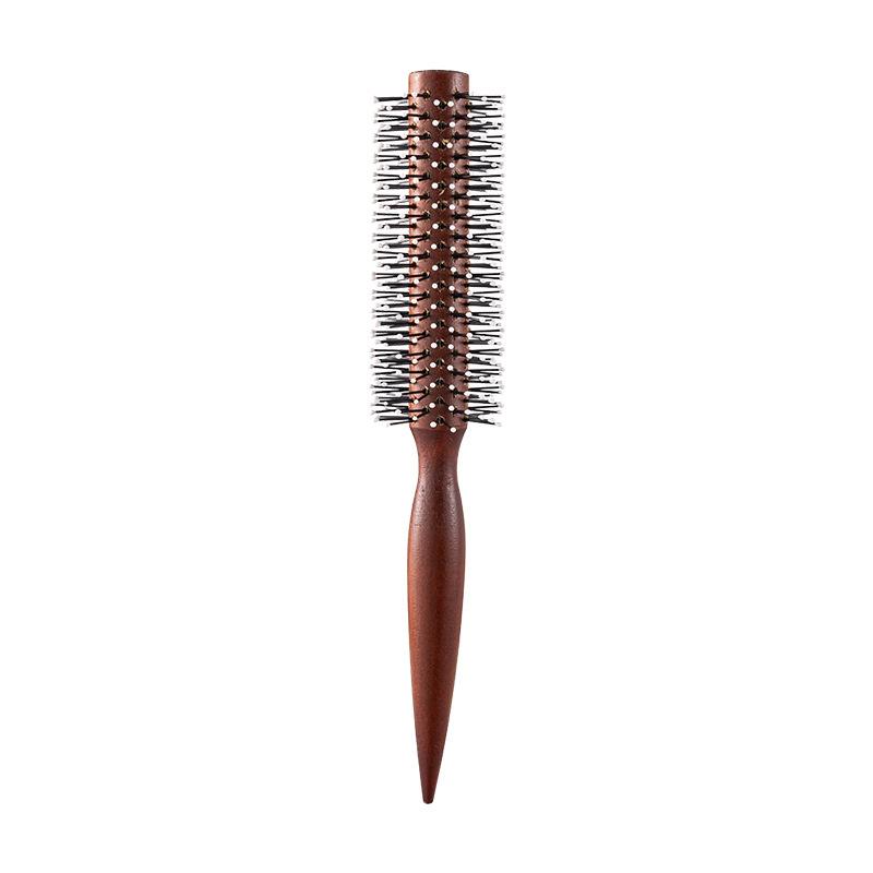 Professional Curly Hair Comb - Red-Brown Nylon Teeth, Original Wood Roller, Round Head for Inward Curls
