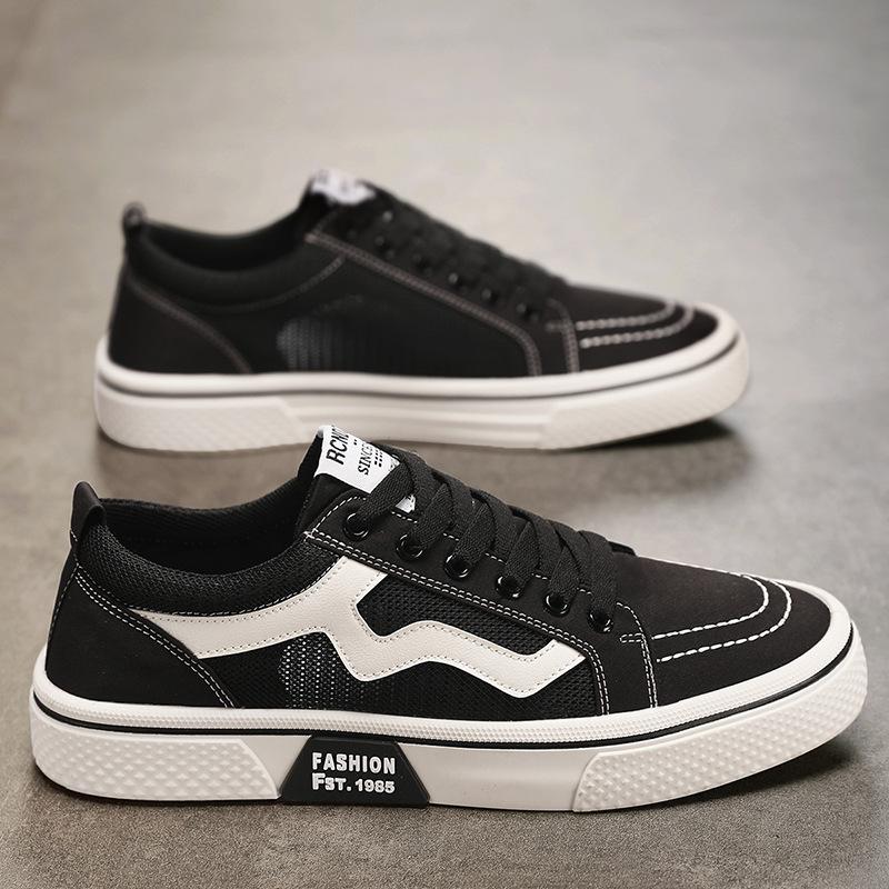 2024 Summer New Canvas Splicing Mesh Breathable Board Shoes College Style Flat Bottom Lace-up Sports Thin Men's Shoes