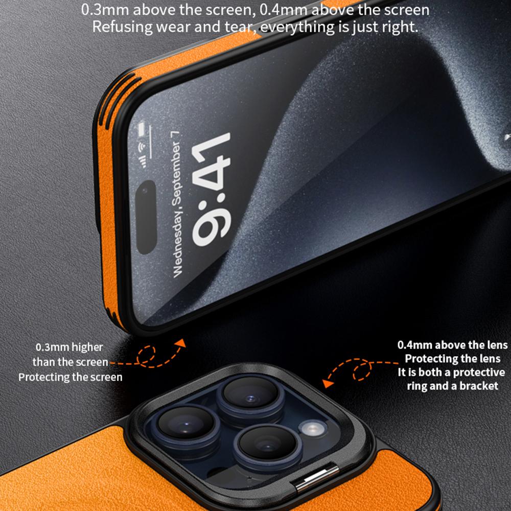 For iPhone 16 Pro Magnetic Case with Lens Kickstand Leather Phone Back Cover