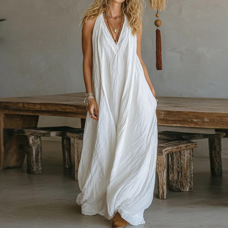 

Women Summer Loose Sleeveless Chic Maxi Dress, Solid Patchwork Elegant Party Dress Casual Simple V Neck Ladies Dresses S
