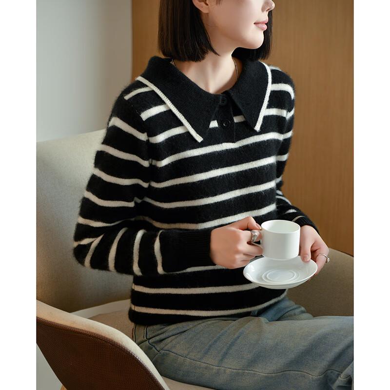 Fanzhen Women's 100% Wool Striped Turn-down Collar Knit Sweater