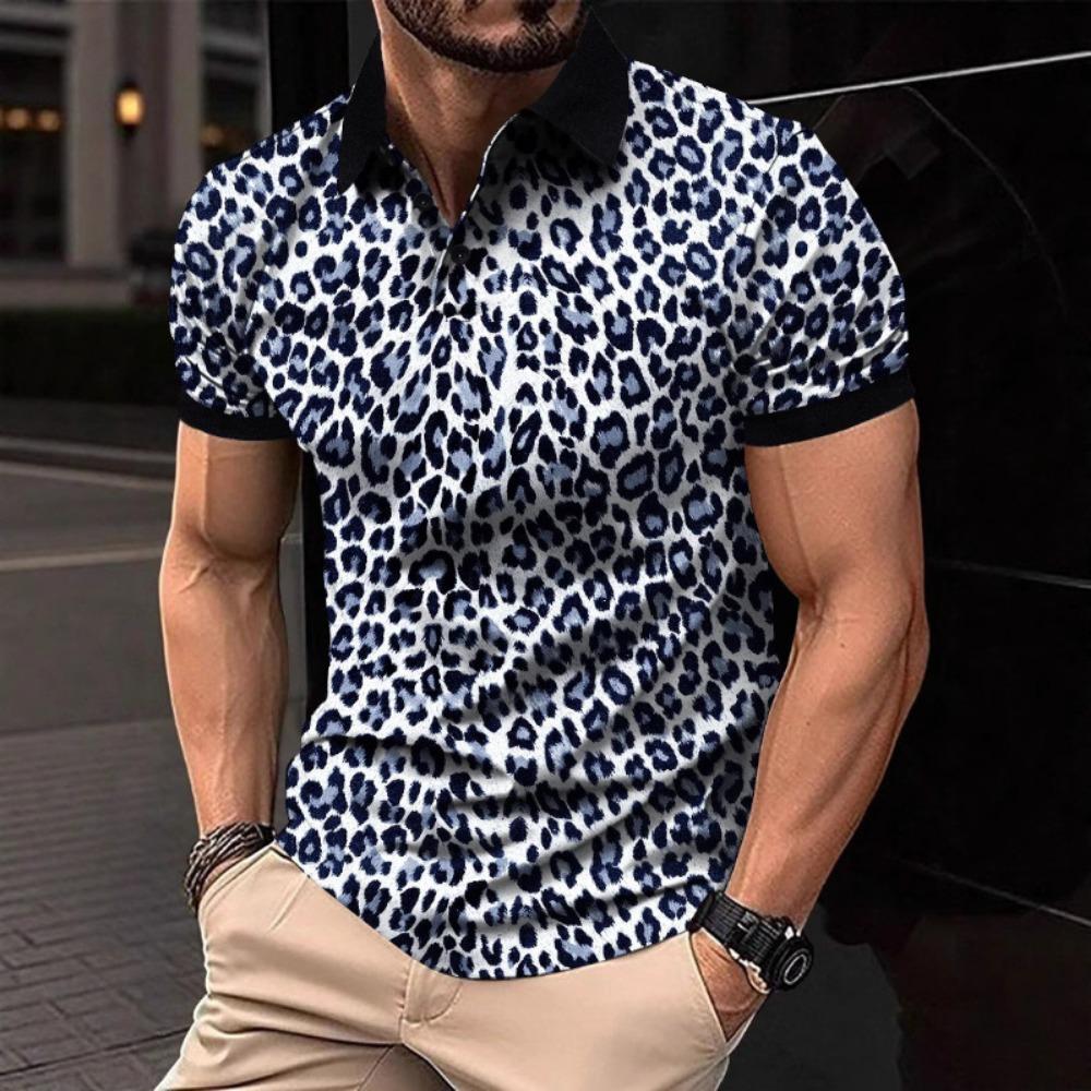 2026 Summer New Men's Leopard Print Short Sleeved T-shirt Men's Polo Shirt with Collar Polo Shirt Men's