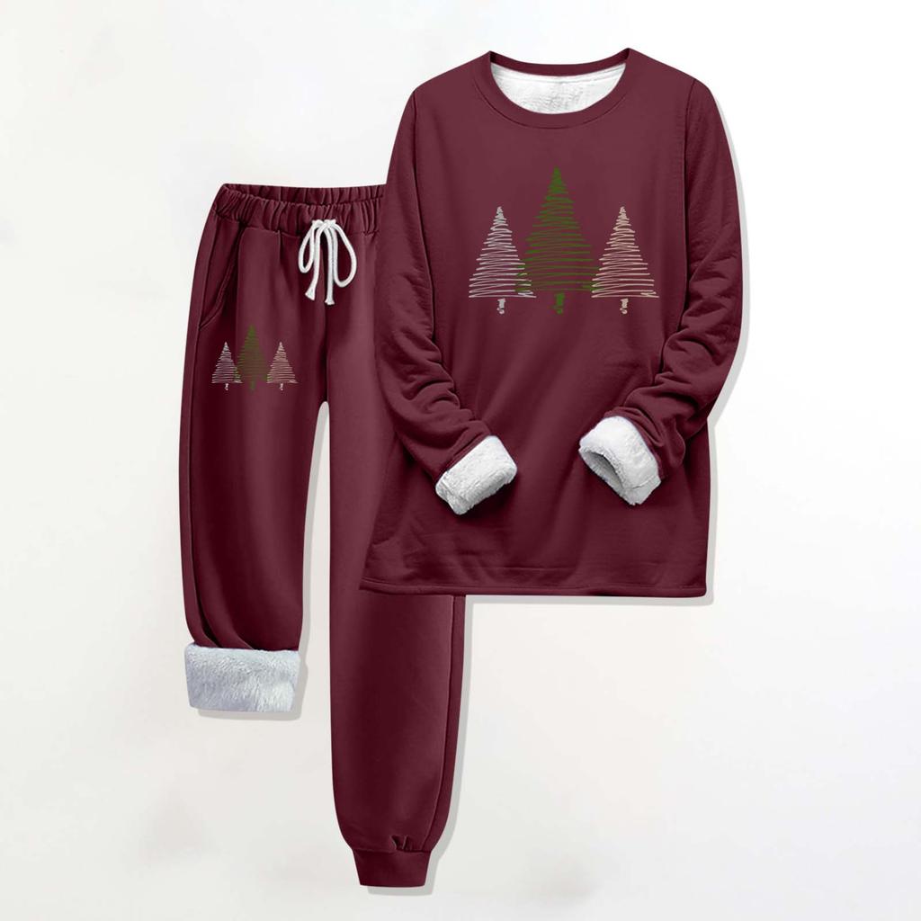Two Piece Outfits For Women Warm Fleece Lined Jogger Set Crewneck Long Sleeve Christmas Printed Sweatshirts Drawstring Waist Sweatpants