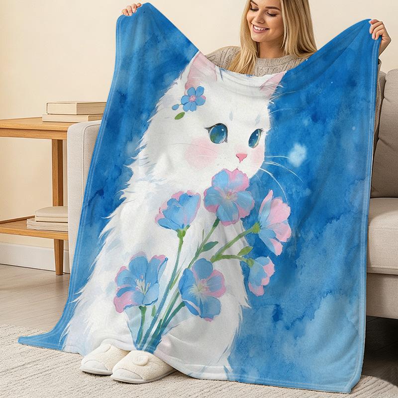 Soft Flannel Throw Blanket Solid Color Cat & Floral Pattern, Cozy Warm Home Throw, Perfect for Halloween & Christmas