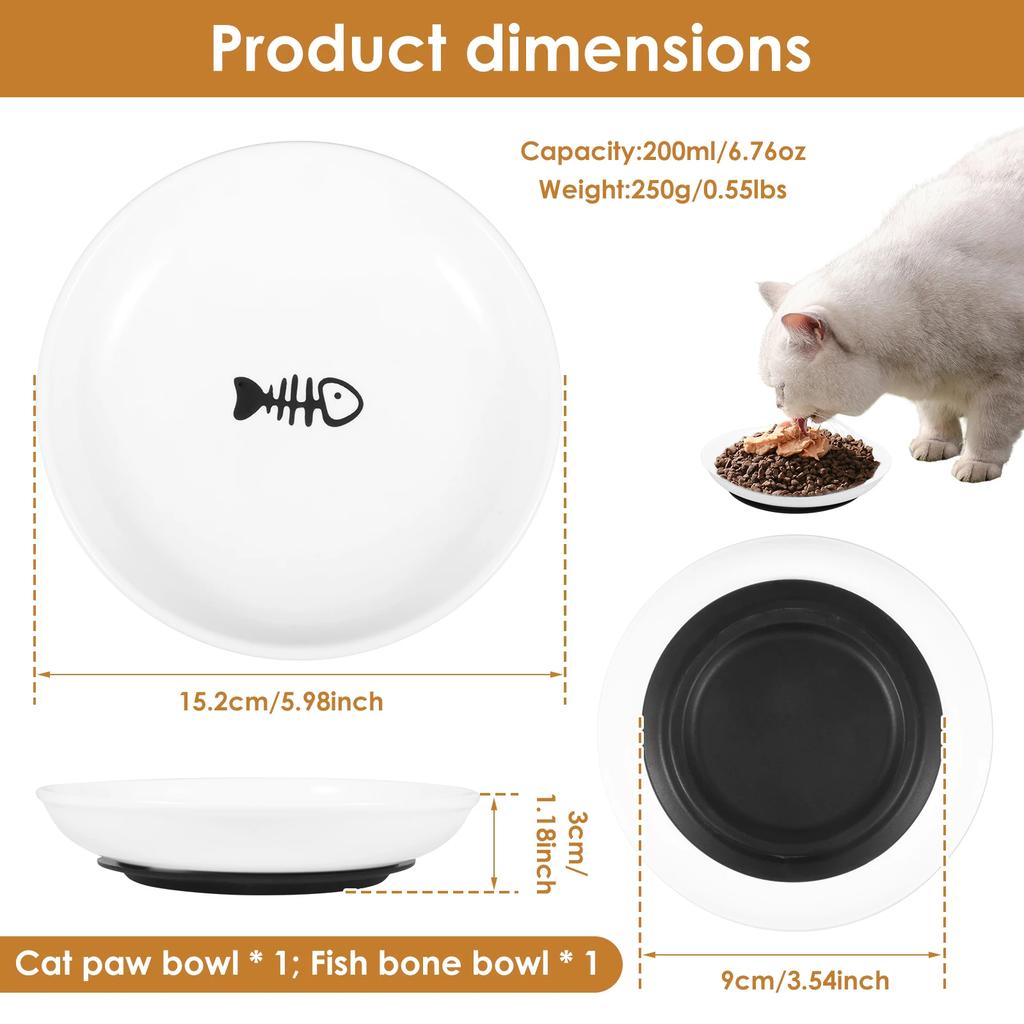 2/4Pcs Cat Ceramic Bowl Set Pet Food Feeding Dish Dispenser with Nonslip Silicone Base Shallow Wide Kitten Wet/Dry Bowls
