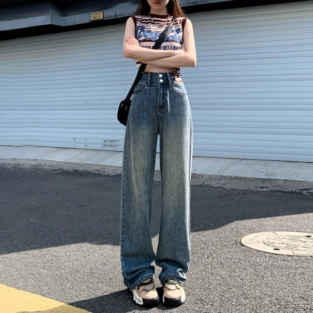 

Ленивые джинсы прямого кроя на двойной пуговице женские весна-осень 2025 новые с высокой талией, подвеской, свободные джинсы широкого кроя 2XL сине серый