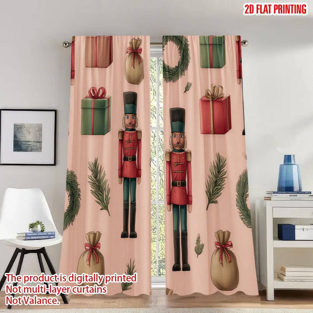 

2pcs 2D flat printing Christmas Curtains Christmas Nutcracker Gift Wreath Digital Printed Polyester Drapes Family Party Use for 100*130 Rod Pocket 1pcs