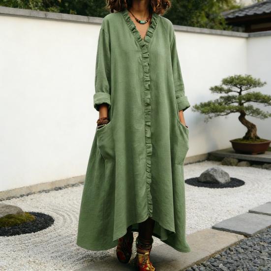 Women's Ruffle Trim V Neck Dress Summer Casual Loose Long Sleeve Maxi Dress Flowy Boho Beach Sundress with Pockets