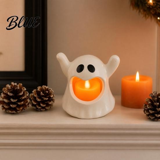 Ghost Shaped Candle Holder Halloween with LED Candle Cute Tea Light Safe Indoor Holder Spooky Tabletop Decoration for Home Decor Holiday