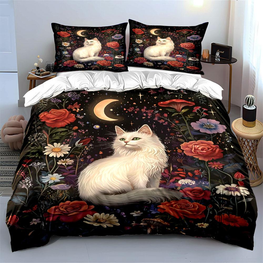 White Cat With Flowers Moonlight And Stars Bedding Set For Kids Luxury Gift 3Pcs Digital Print Comforter Set Soft Comfortable