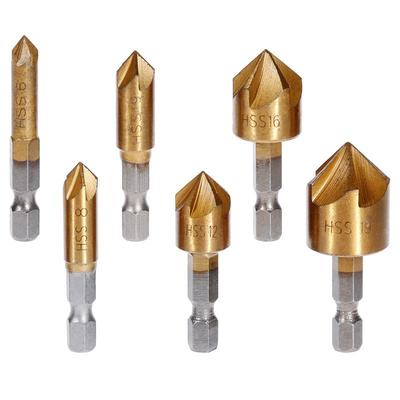 6Pcs Countersink Drill Bit Set 1/4'' Hex Shank HSS 5 Flute Countersink 90 Degree Wood Chamfering Cutter Chamfer 6mm-19mm