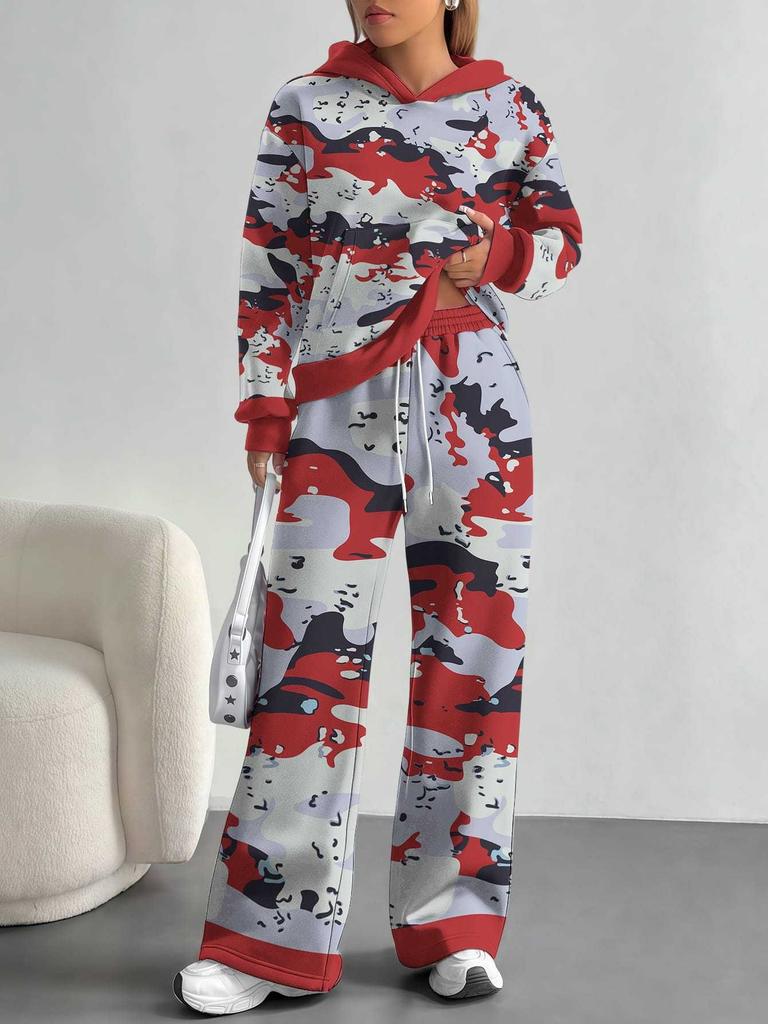 Color Graffiti European and American Autumn and Winter Casual Long-sleeved Suit Women's Hooded Sweater Trousers Two-piece Set
